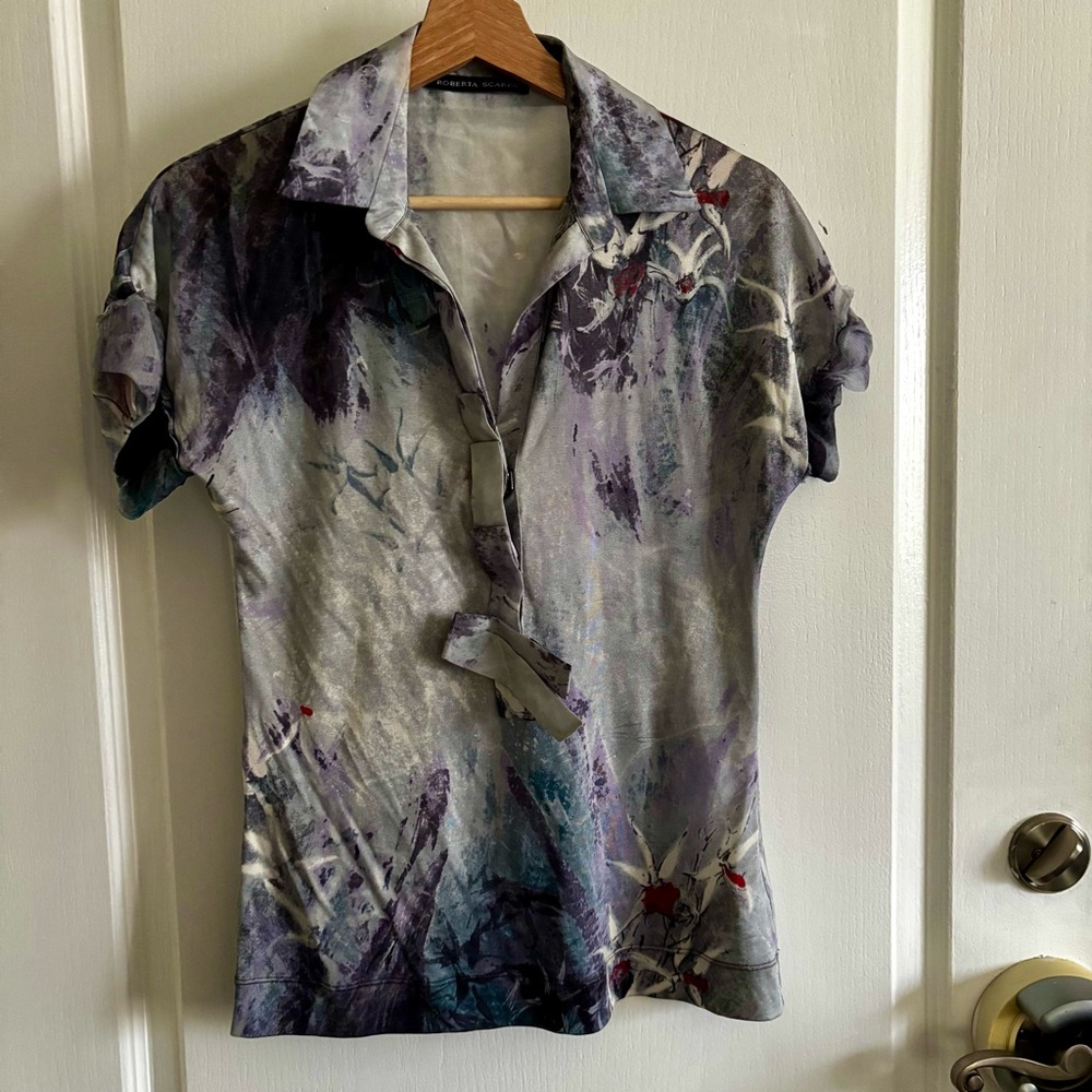 Roberta Scarpa Women’s Sz 10 Abstract Romantic short ruffled sleeves Silk Blouse
